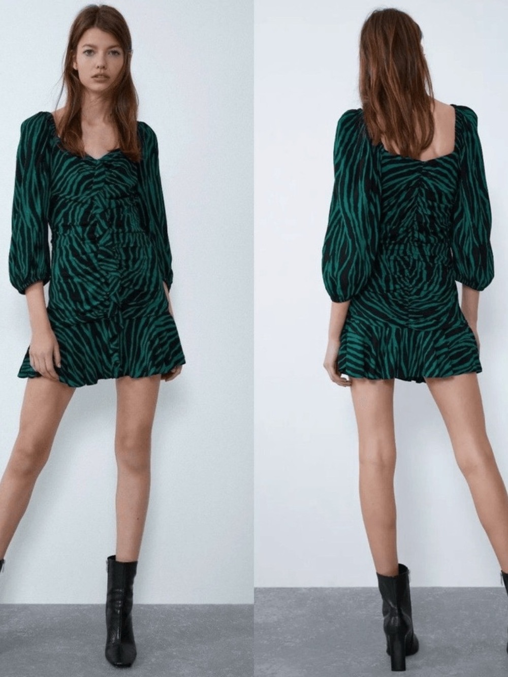Zara Green and Black Zebra-Print Ruffle Mini Dress Party Date Night Y2K